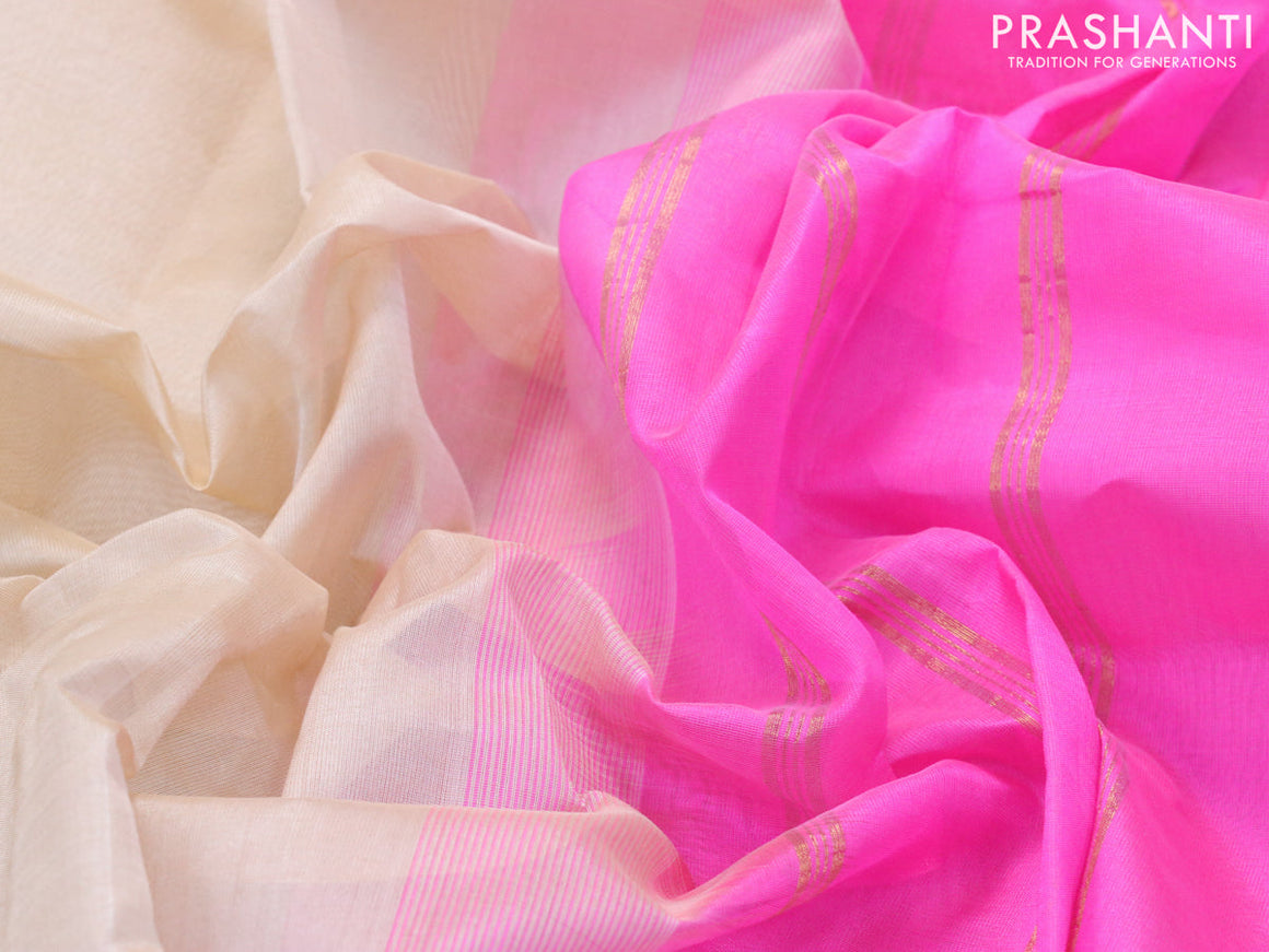 Silk cotton saree cream and pink with plain body and small zari woven border