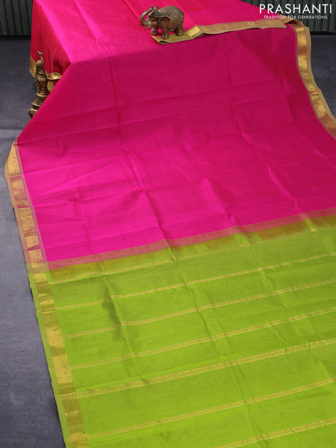 Silk cotton saree pink and light green with plain body and small zari woven border