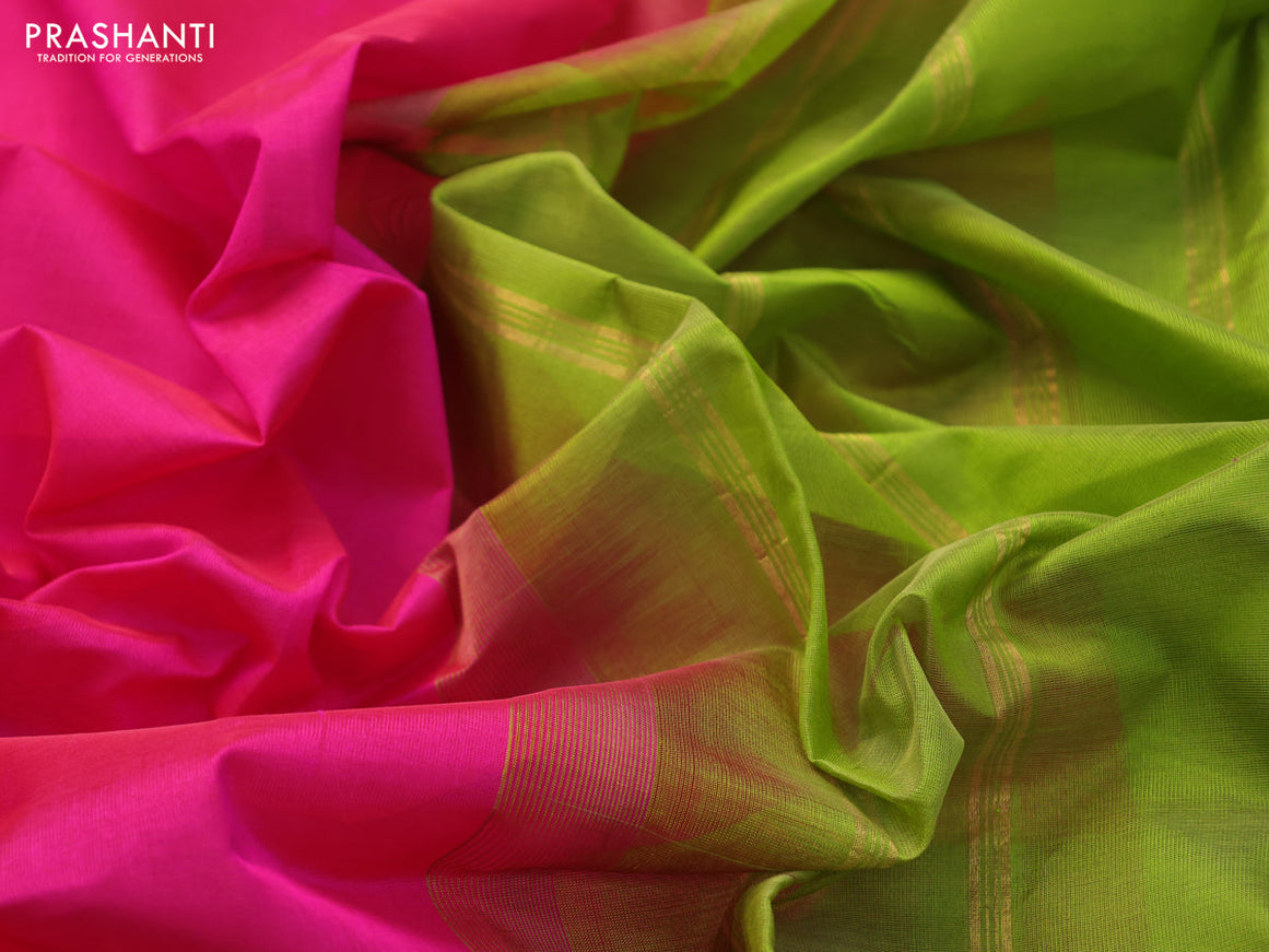 Silk cotton saree pink and light green with plain body and small zari woven border