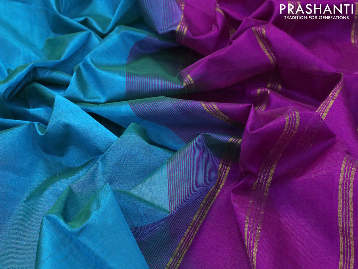Silk cotton saree cs blue and deep purple with plain body and small zari woven border
