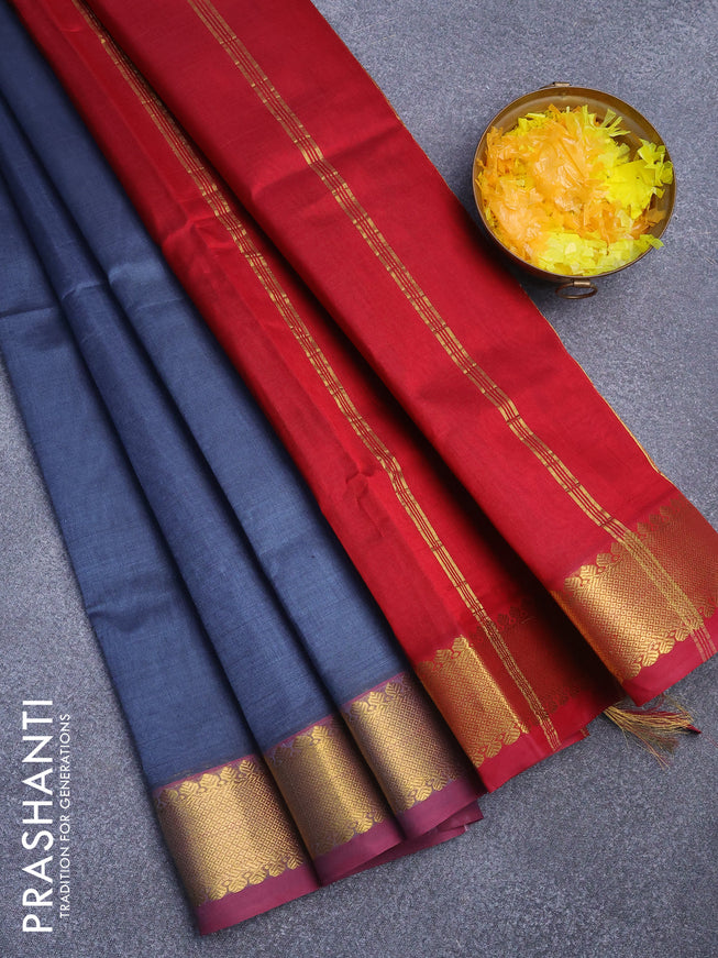 Silk cotton saree dark grey and maroon with plain body and zari woven border