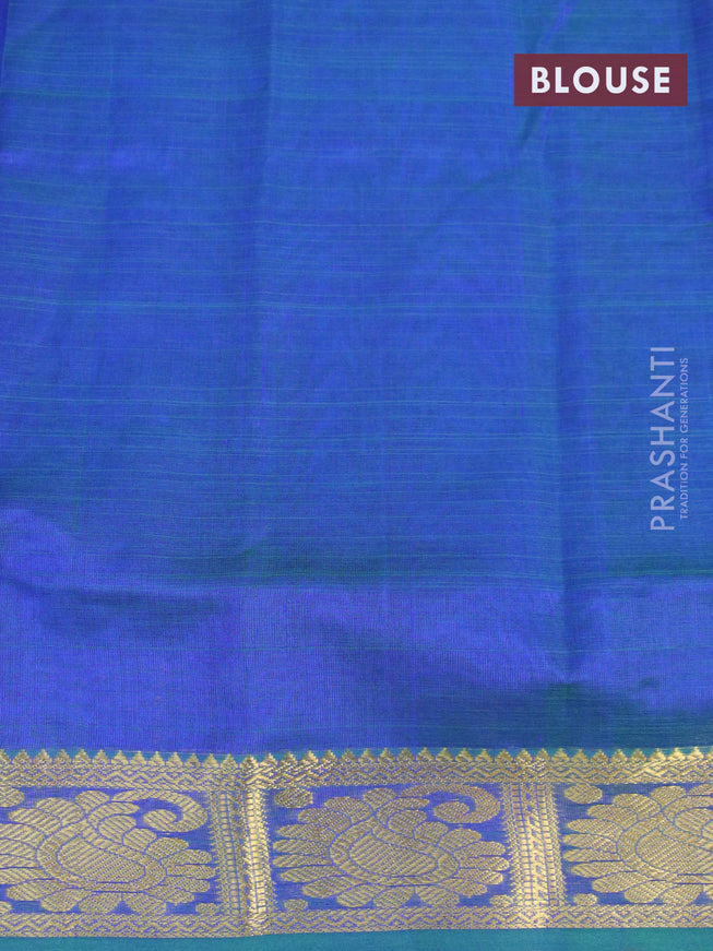 Silk cotton saree blue and dual shade of green with plain body and zari woven border