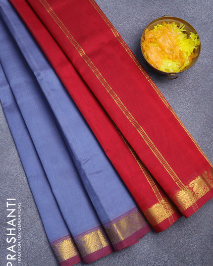 Silk cotton saree grey and maroon with plain body and small zari woven border