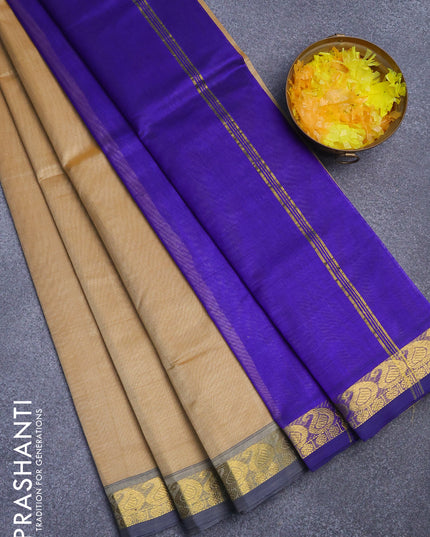 Silk cotton saree sandal and blue with plain body and small zari woven border