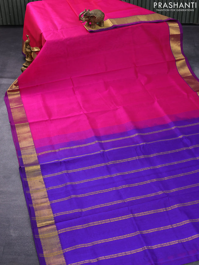 Silk cotton saree pink and blue with plain body and zari woven border