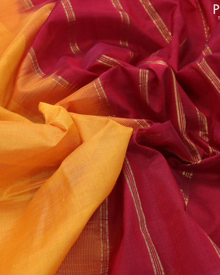 Silk cotton saree mago yellow and maroon with plain body and zari woven border