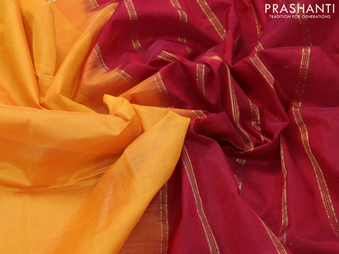 Silk cotton saree mago yellow and maroon with plain body and zari woven border