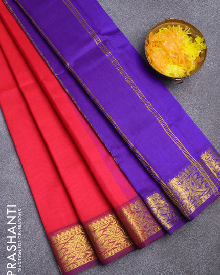 Silk cotton saree red and blue with plain body and zari woven border
