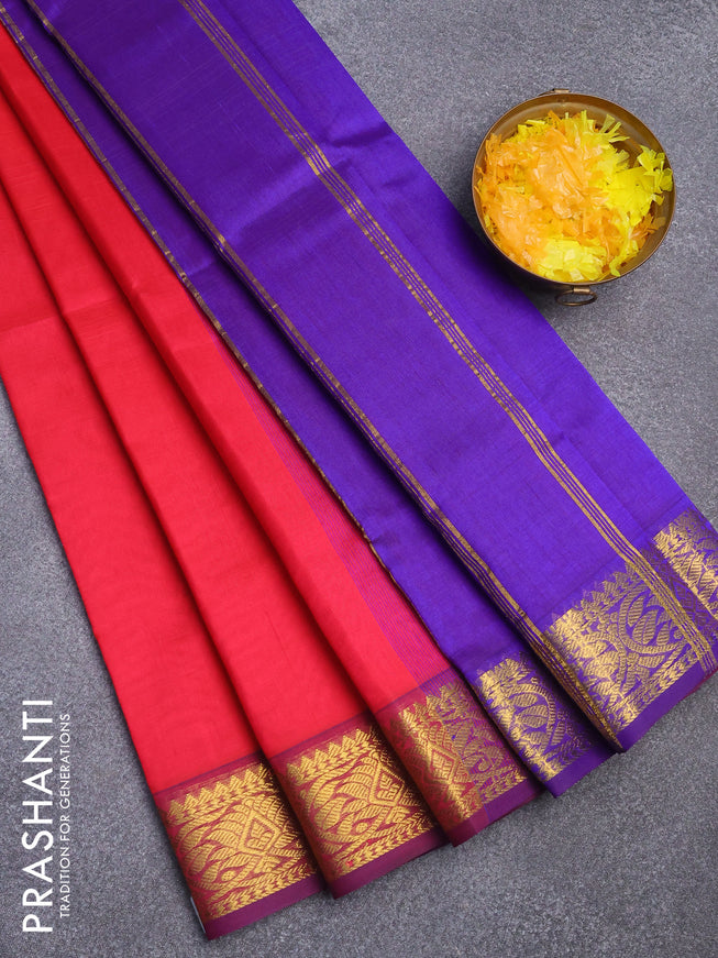 Silk cotton saree red and blue with plain body and zari woven border