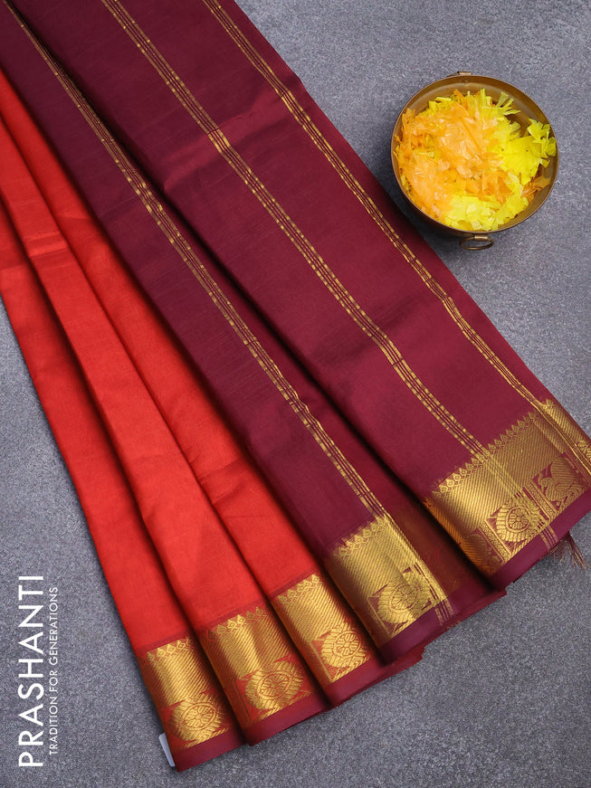 Silk cotton saree rust shade and deep wine shade with plain body and zari woven border