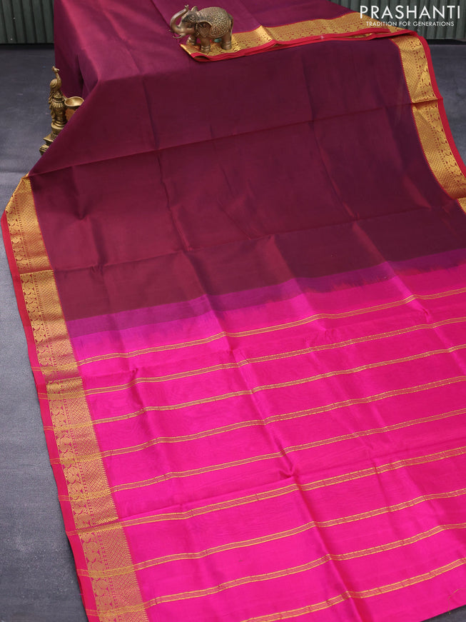 Silk cotton saree deep maroon and pink with plain body and zari woven border