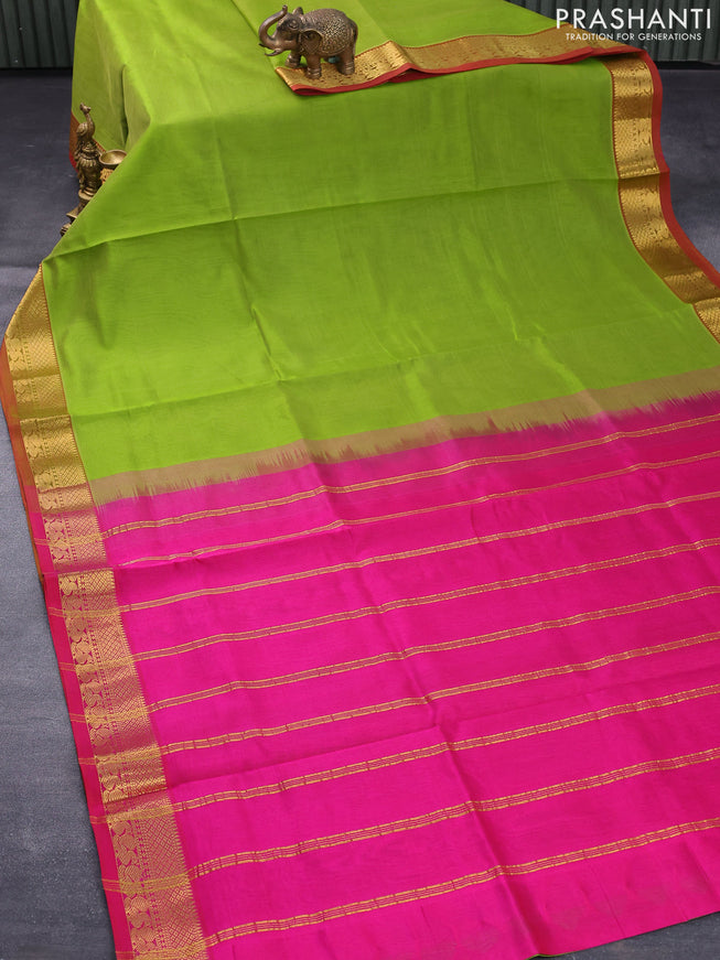 Silk cotton saree light green and pink with plain body and zari woven border