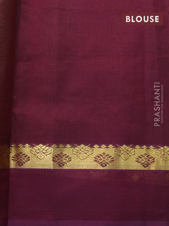 Silk cotton saree light green and wine shade with plain body and zari woven simple border