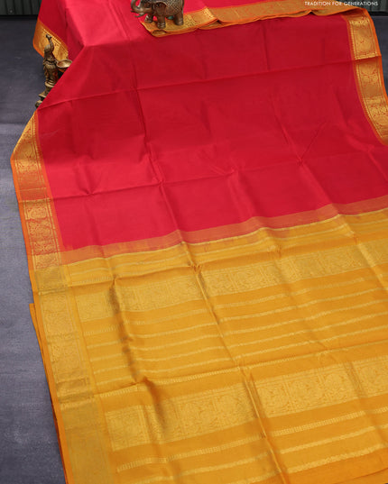 Silk cotton saree red and mustard yellow with plain body and zari woven border