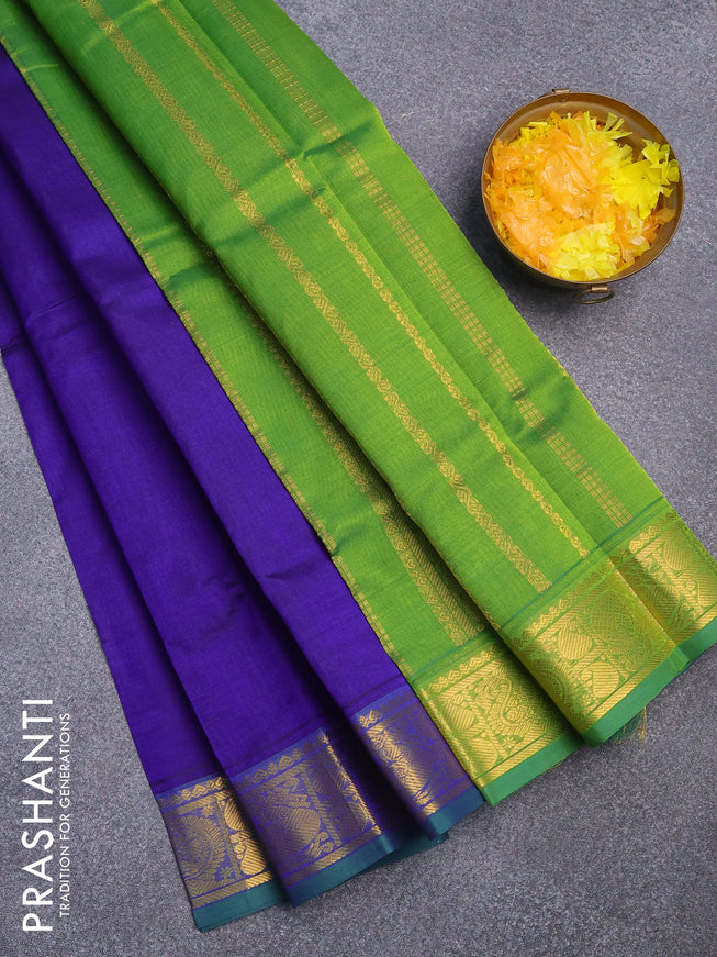 Silk cotton saree blue and green with plain body and zari woven border