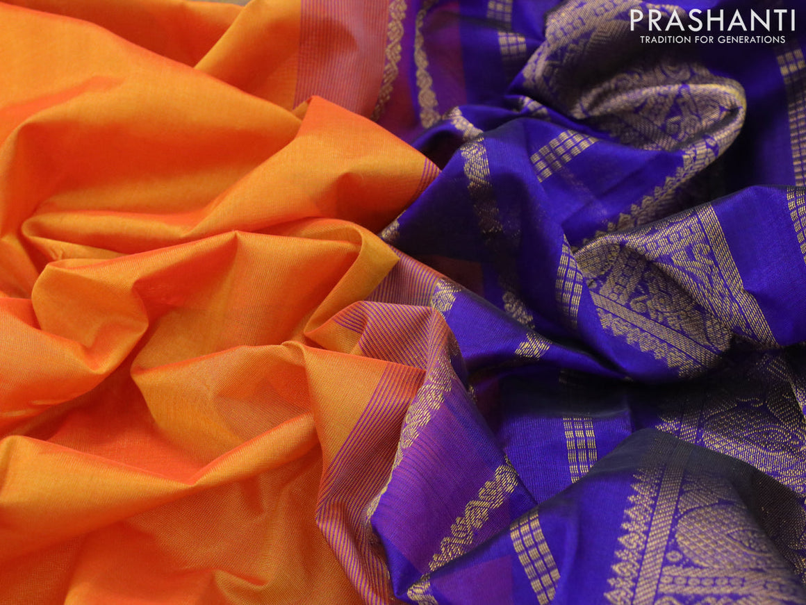 Silk cotton saree dual shade of mustard yellow and blue with plain body and zari woven border