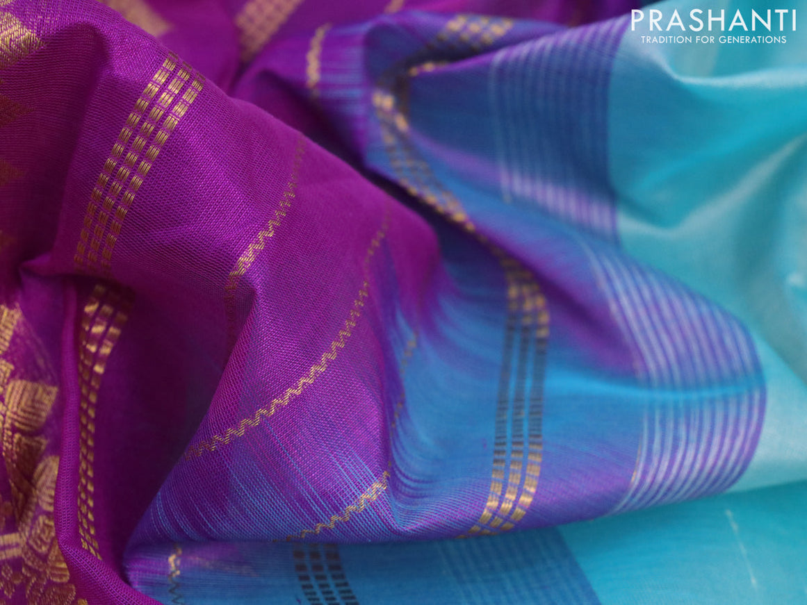 Silk cotton saree light blue and purple with plain body and zari woven border