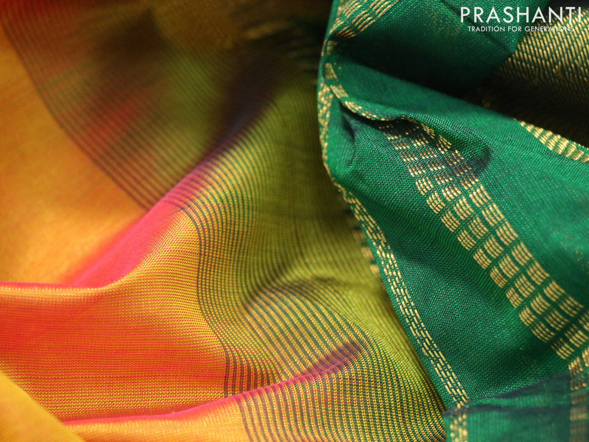 Silk cotton saree dual shade of mustard yellow and green with plain body and rudhraksha zari woven border