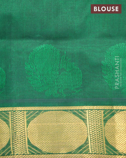 Silk cotton saree dual shade of mustard yellow and green with plain body and rudhraksha zari woven border
