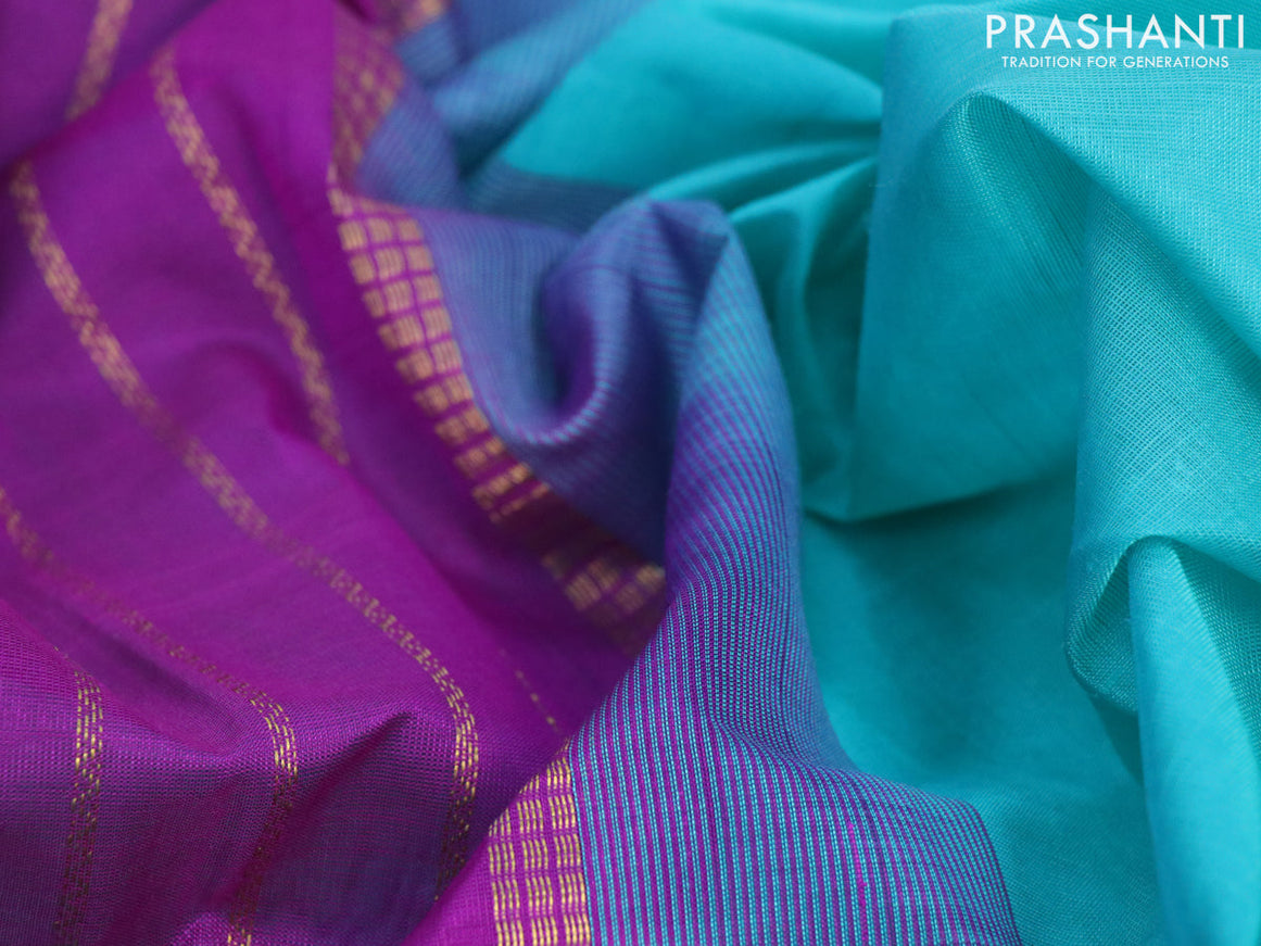 Silk cotton saree teal blue and purple with plain body and rudhraksha zari woven border