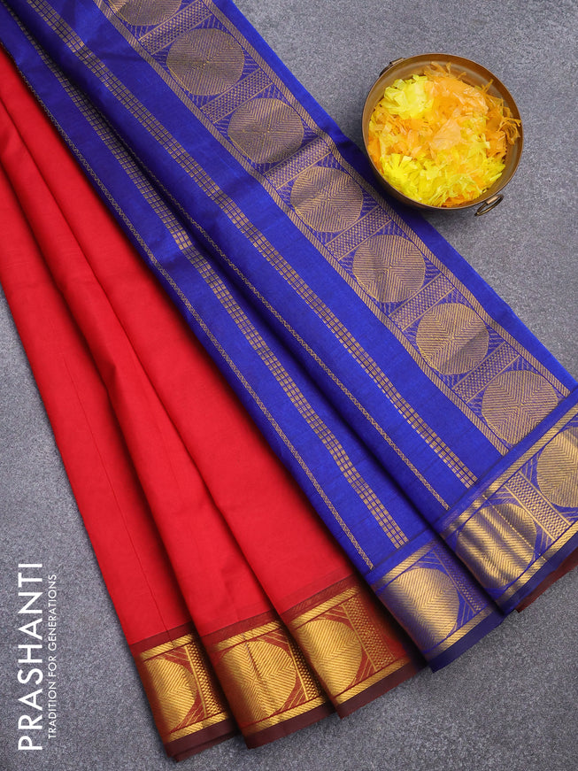 Silk cotton saree red and blue with plain body and rudhraksha zari woven border