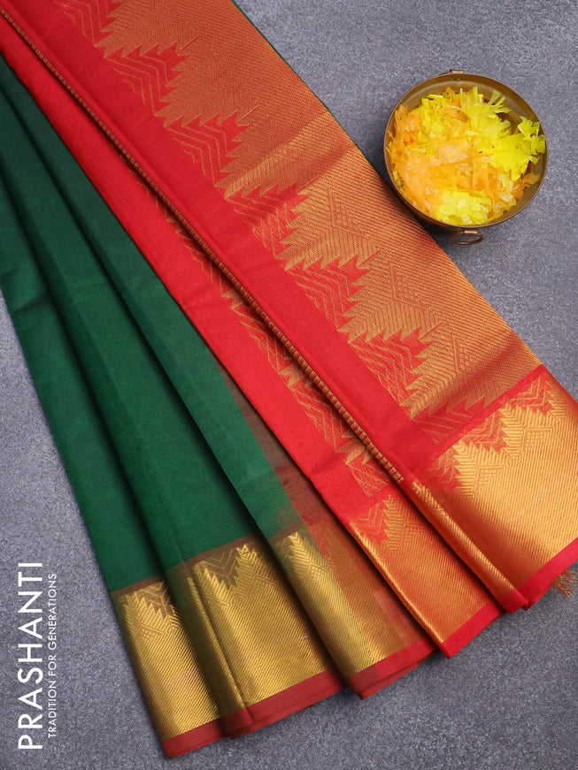 Silk cotton saree green and maroon with plain body and temple design zari woven border