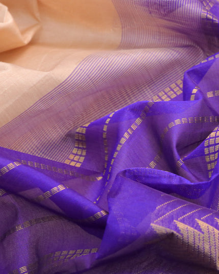 Silk cotton saree dark sandal and blue with plain body and temple design zari woven border