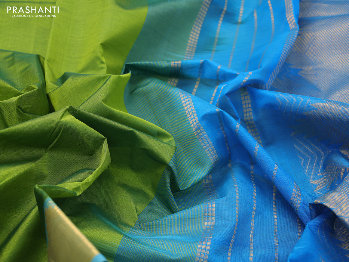 Silk cotton saree light green and cs blue with plain body and temple design zari woven border