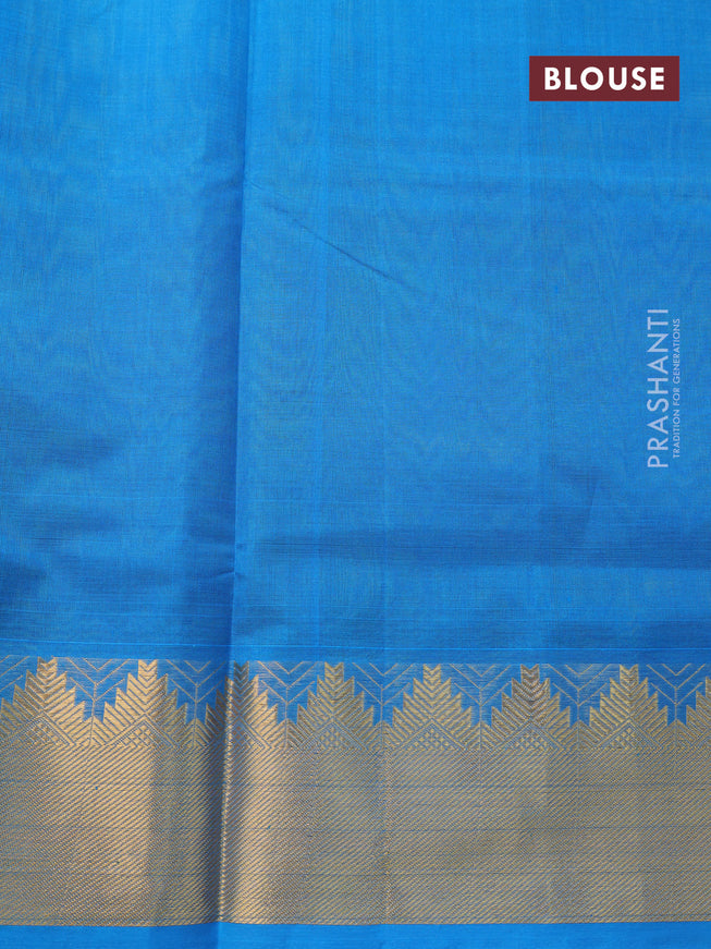 Silk cotton saree light green and cs blue with plain body and temple design zari woven border