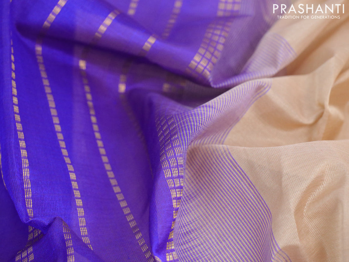 Silk cotton saree dark sandal and blue with plain body and temple design zari woven border