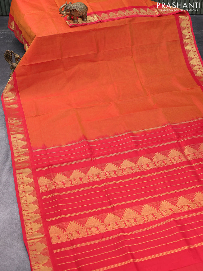 Silk cotton saree sunset orange and red with plain body and temple design zari woven border