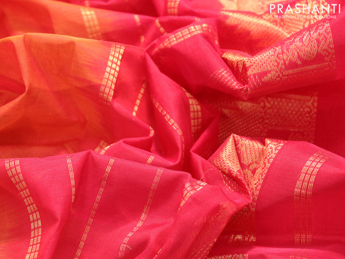 Silk cotton saree sunset orange and red with plain body and temple design zari woven border