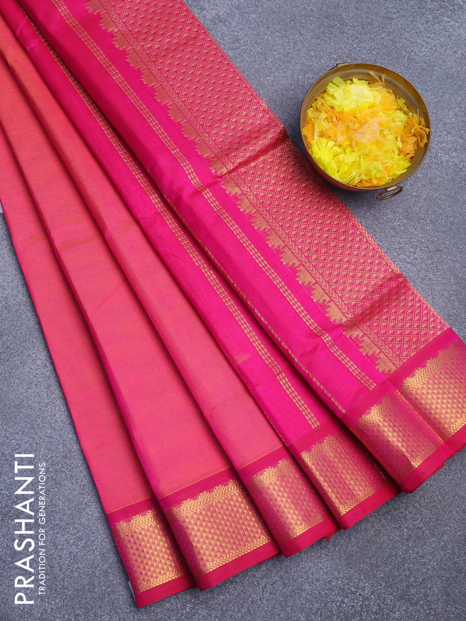 Silk cotton saree dual shade of pinkish orange and pink with plain body and zari woven border
