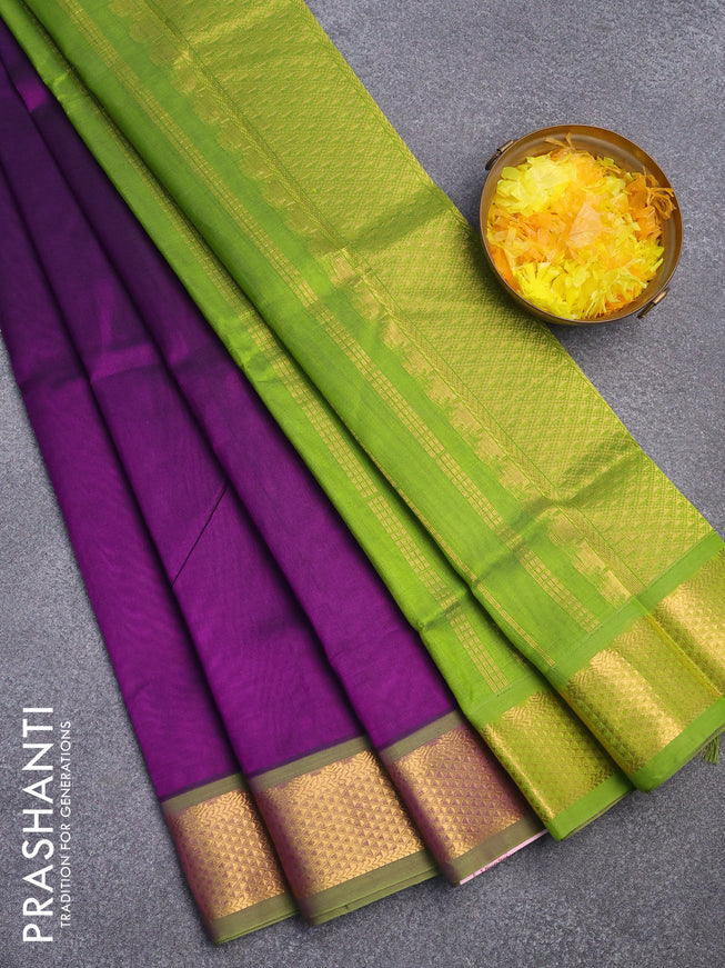 Silk cotton saree violet and light green with plain body and zari woven border