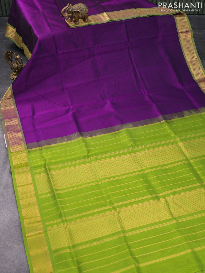 Silk cotton saree violet and light green with plain body and zari woven border