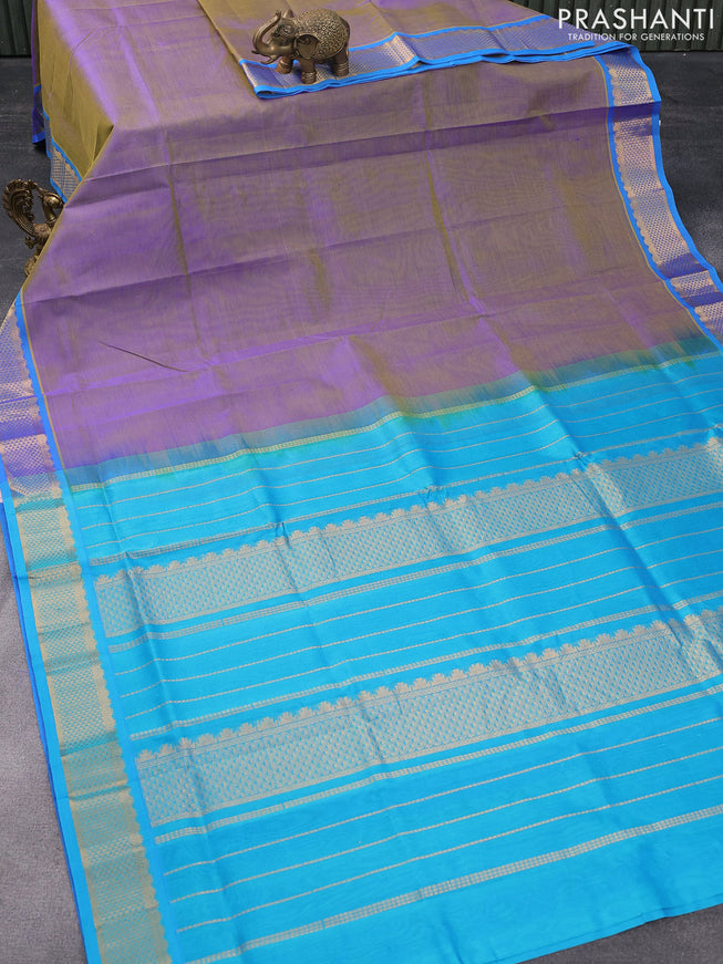 Silk cotton saree dual shade of bluish green and light blue with plain body and zari woven border