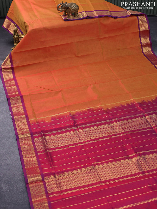 Silk cotton saree dual shade of mustard yellow and dual shade of maroon with plain body and zari woven border