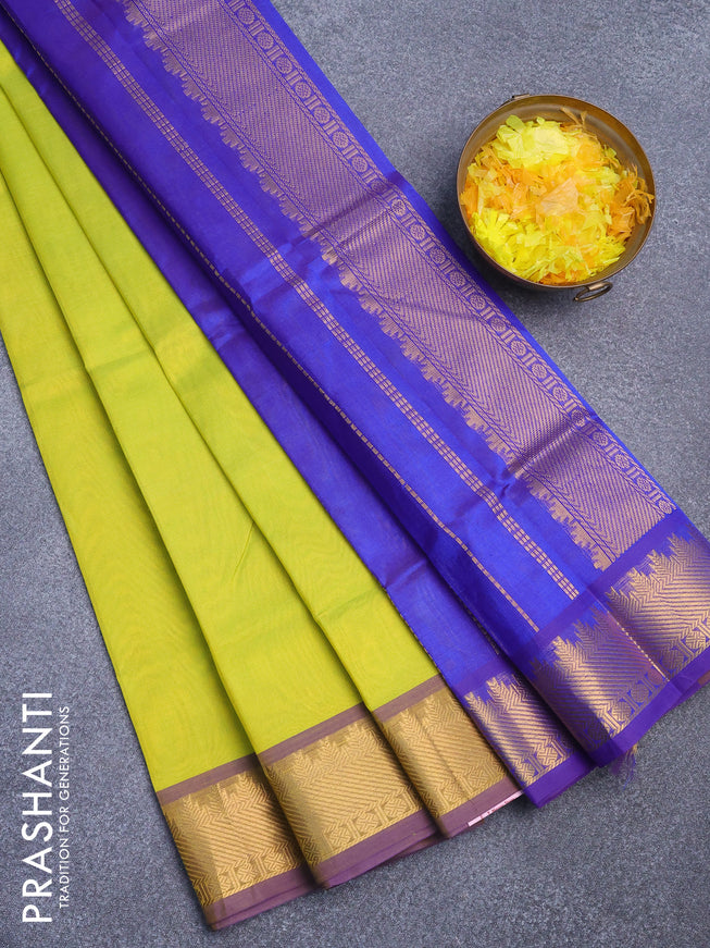 Silk cotton saree lime yellow and blue with plain body and zari woven border