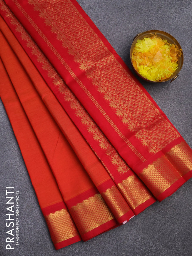Silk cotton saree sunset orange and red with plain body and zari woven border