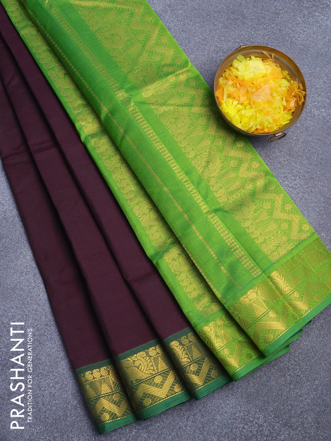 Silk cotton saree deep coffee brown and green with plain body and zari woven border
