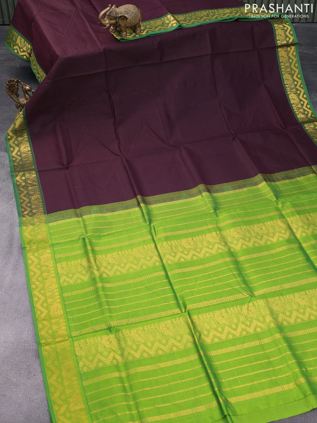 Silk cotton saree deep coffee brown and green with plain body and zari woven border