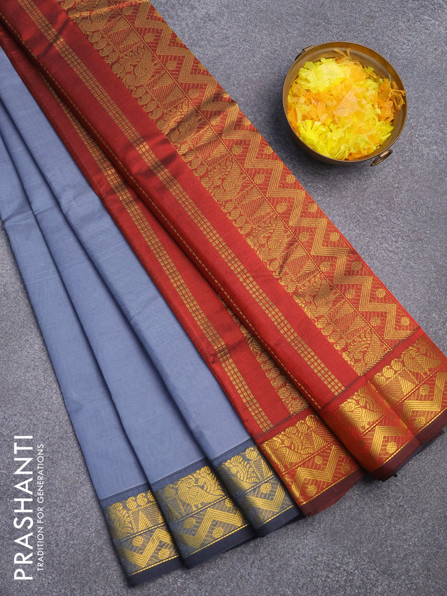 Silk cotton saree grey and maroon with plain body and zari woven border