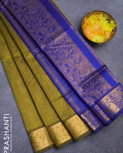 Silk cotton saree mehendi green and blue with plain body and zari woven border