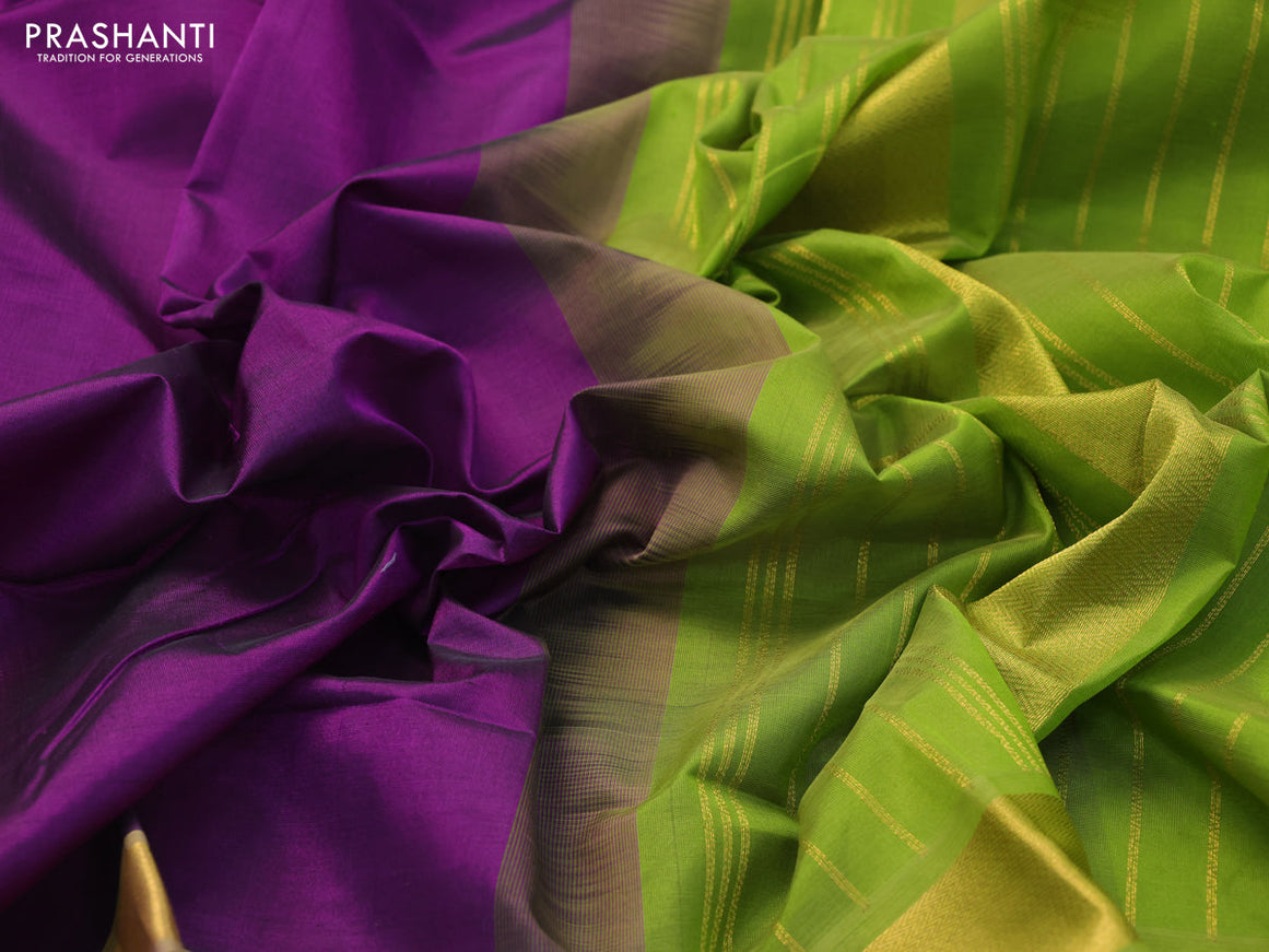 Silk cotton saree deep purple and light green with plain body and zari woven border