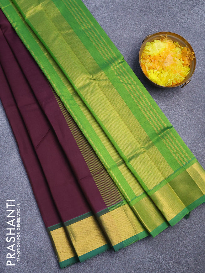 Silk cotton saree coffee brown and light green with plain body and zari woven border