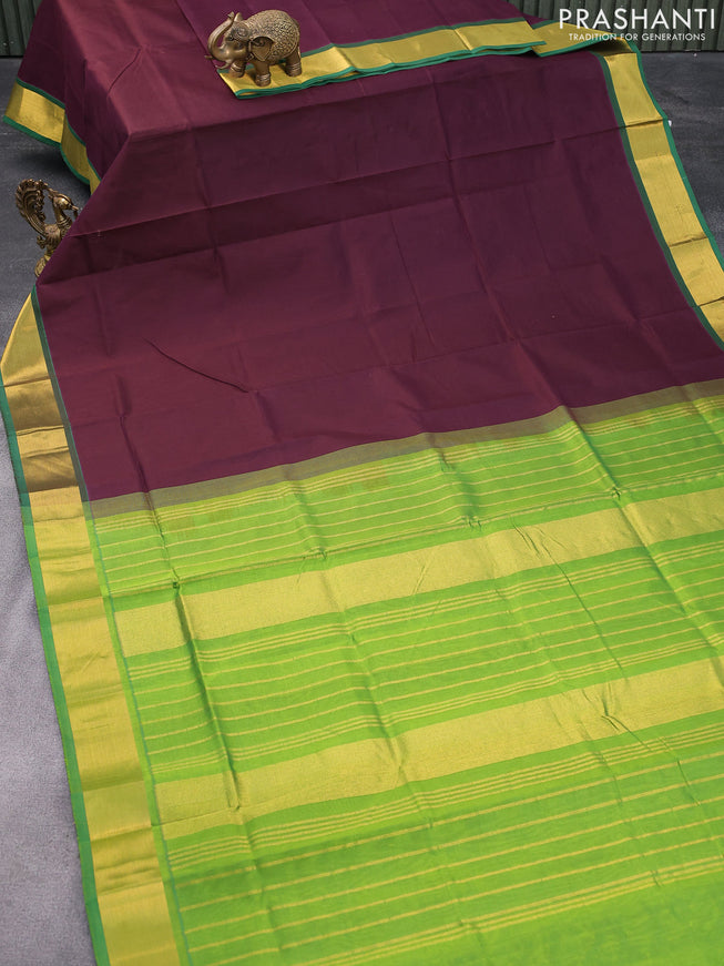 Silk cotton saree coffee brown and light green with plain body and zari woven border