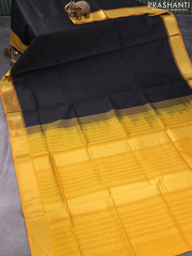 Silk cotton saree black and mustard yellow with plain body and zari woven border