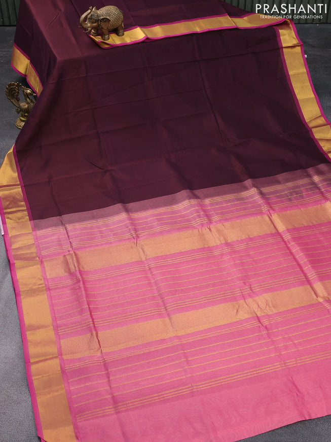 Silk cotton saree coffee brown and pastel pink with plain body and zari woven border