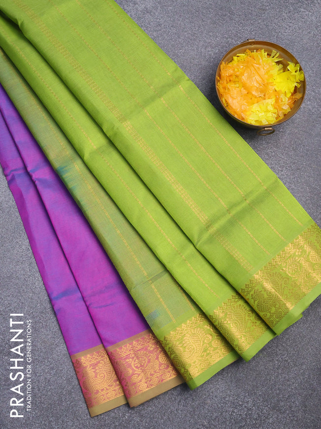 Silk cotton saree dual shade of bluish magenta pink and light green with plain body and annam zari woven border