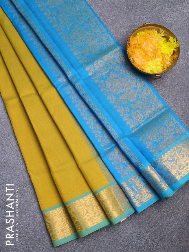 Silk cotton saree yellow and cs blue with plain body and annam zari woven border